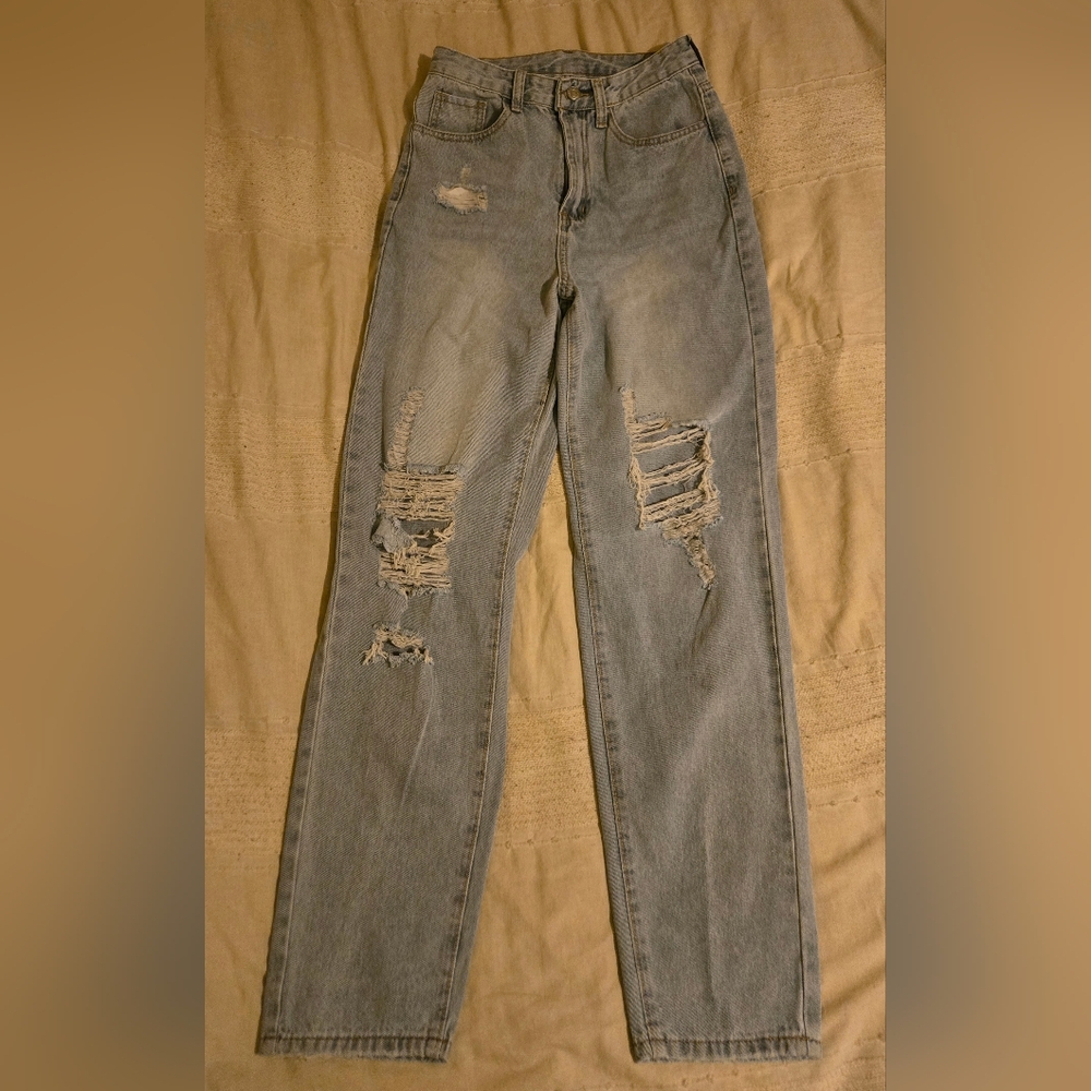 SHEIN High Rise Distressed Light Wash Jeans